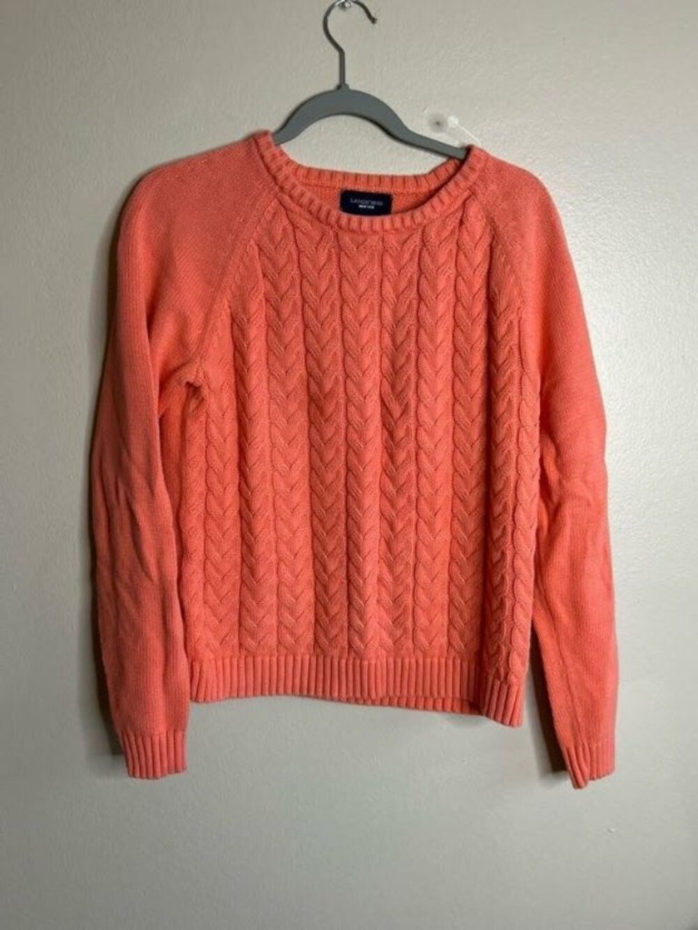 Lands End Sweater Womens Medium Drifter Cableknit Crew Peach Heavy Cotton Knit
